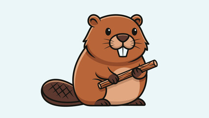 Naklejka premium Cartoon Beaver Holding Stick While Sitting in Bright Studio, Industrious Animal Illustration