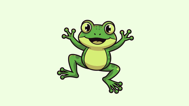 Energetic Happy Green Frog Cartoon Character Leaping and Smiling on a Light Green Background