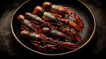 Crayfish plated on dark ceramic, moody food photography style