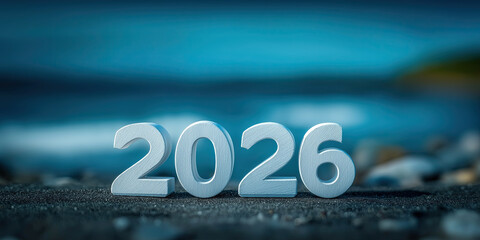 Large 2026 numerals sit on dark pebbled shore with blurred seascape.