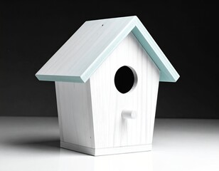 White birdhouse, light blue trim, circular entrance, wood