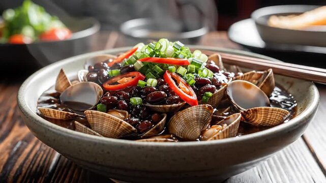 Close up of a prepared dish with vegetables and shellfish