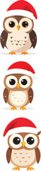 A delightful cute cartoon icon of an adorable baby owl wearing a festive red Santa Claus Christmas hat, perfect for winter holiday greeting cards, digital stickers, web icons, or children&rsquo;s