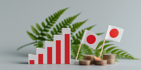 Rising red bar chart and Japanese flags appear beside stacked coins and fern.