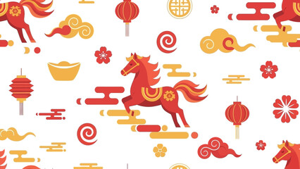 Vibrant red and gold illustrations of horses, lanterns, and flowers create a festive scene.