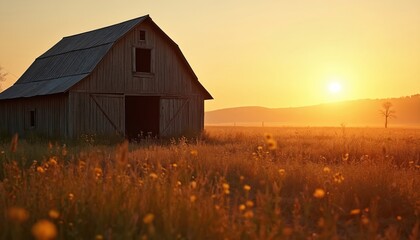 Old wooden barn stands in tall dry grass field during golden sunset. Distant hills and single tree visible under warm hazy sky. Rural landscape evokes peacefulness.