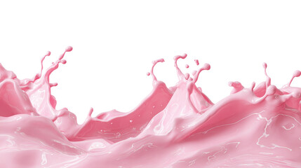 Pink liquid splashing and flowing with waves and ripples, creating dynamic motion and droplets, a flavorful strawberry yogurt drink or milkshake on a transparent background