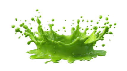 Vibrant green liquid splashing, creating dynamic crown shape with droplets flying, representing energy, movement, freshness, and organic flow on transparent background