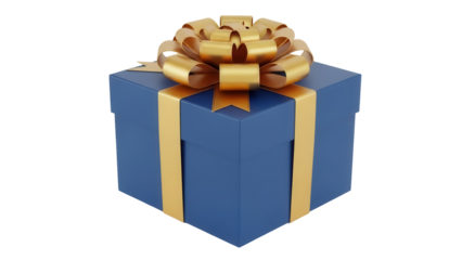 Blue gift box with golden ribbon and bow isolated PNG, present for birthday or Christmas celebration on transparent background