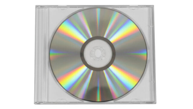 Shiny compact disc in jewel case isolated PNG, optical storage medium for music and data on transparent background