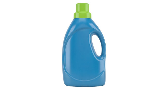 Blue laundry detergent bottle with green cap isolated PNG, cleaning product for washing clothes on transparent background