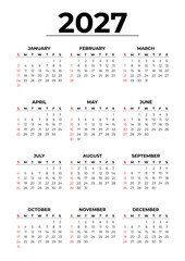 Simple and Editable 2027 Calendar in White Background