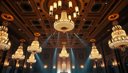 Obraz premium Grand ballroom illuminated by multiple chandeliers, opulent luxury decor, cinematic golden glow