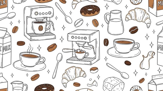  Seamless Coffee and Pastry Doodle Vector Pattern (Cafe Icons)