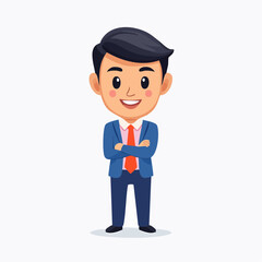 A friendly cartoon businessman in a blue suit and red tie, standing with crossed arms and a cheerful smile.