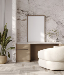 Poster frame mockup in modern interior with vanity and armchair, 3d render