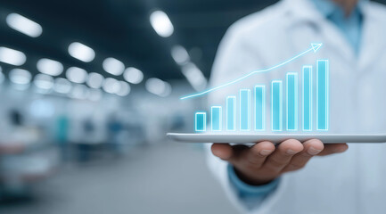 Medical professional presents rising bar chart hovering above digital tablet in corridor.