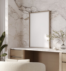 Poster frame mockup in modern bedroom with wooden vanity and armchair, 3d render