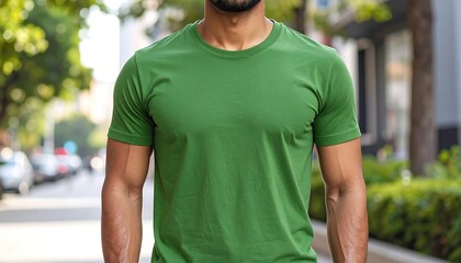 A man wearing a green t-shirt mockup with a plain blank t-shirt design, perfect for your next apparel mockup