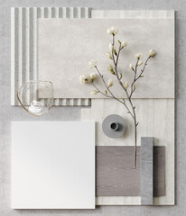 Cloud dancer - color of the year - moodboard sample - paint, fabric, marble, stone, flowers, glass, interior design