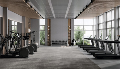 Modern gym interior with sport and fitness equipment, fitness center inteior, inteior of crossfit and workout gym, 3d rendering