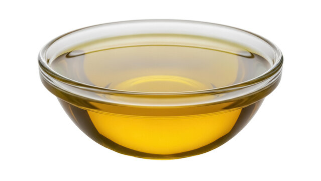 Golden olive oil in glass bowl isolated PNG, healthy cooking ingredient for salad dressing and Mediterranean cuisine