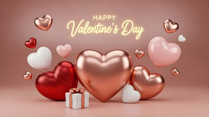 A collection of beautifully rendered three dimensional hearts in various colors and finishes celebrating a happy valentines day event with a small gift box.