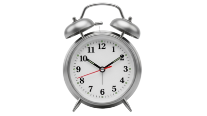 Silver twin bell alarm clock isolated PNG on transparent background, classic retro timepiece for waking up and time management