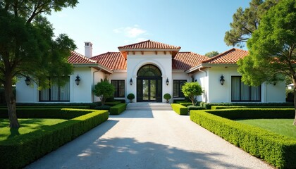 Elegant modern home with red tile roof surrounded by rich green manicured hedges and trees. A white stucco villa features a grand arched entryway, spacious driveway, and bright sunny day.