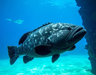 Giant Grouper swimming underwater near coral reef during daylight, ocean depth creature