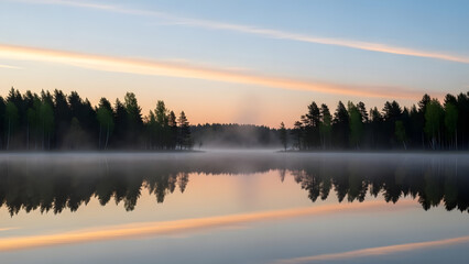 Fototapeta premium Serene lake scene at sunrise with misty water and trees