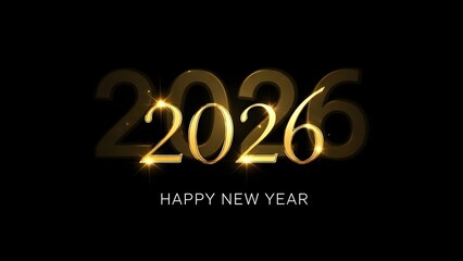 Happy new year 2026 glowing gold text on black background