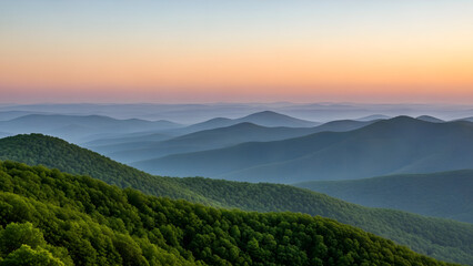 Fototapeta premium Breathtaking mountain range at sunset with lush green forest and majestic peaks in the background