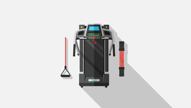 Top-down flat lay illustration of a modern black treadmill with a red resistance band and foam roller on a clean white background, ready for a workout.