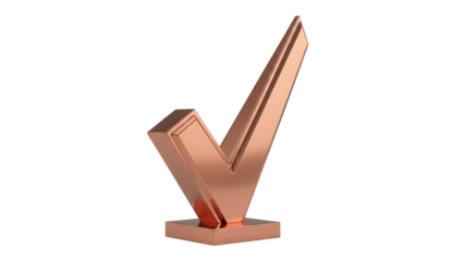 Copper check mark isolated PNG on transparent background, 3D rendering of a validation symbol for graphic design and presentations