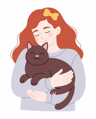 Fototapeta premium This charming illustration depicts a girl happily cuddling her black cat, radiating warmth and affection, perfect for animal lovers and those who enjoy playful companionship.