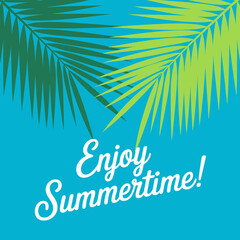 Obraz premium A bright, vibrant illustration of palm leaves in a tropical setting, evoking feelings of summer, relaxation, and nature’s beauty amidst a clear blue backdrop.