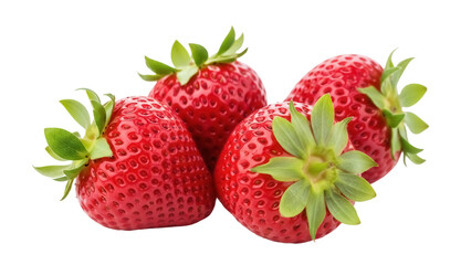 Fresh red strawberries isolated PNG, ripe and juicy summer fruit with green leaves on transparent background for healthy eating concepts