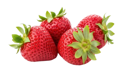Fresh red strawberries isolated PNG, ripe and juicy summer fruit with green leaves on transparent background for healthy eating concepts