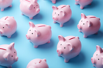 Pink blue piggy banks randomly placed on blue background. Illustration of the concept of personal savings and financial investment 