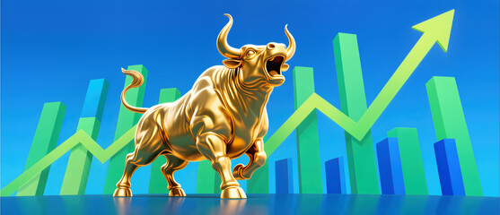 A majestic golden bull charging ahead with upward green arrow and bar graphs illustrating consistent stock market growth and successful financial investment strategies.