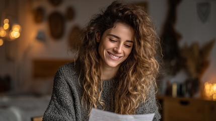 Happy young woman reading heartfelt letter at home in cozy interior