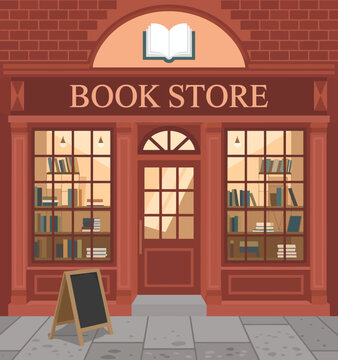 A delightful bookstore showcasing an inviting facade with large windows filled with books, exuding warmth and welcoming book lovers in search of their next read.