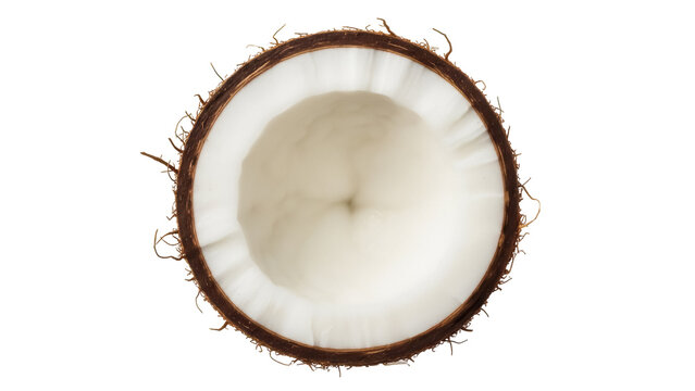 Half coconut PNG isolated on transparent background, tropical fruit with brown shell and white flesh, healthy food ingredient