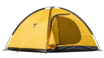 Yellow camping tent isolated PNG, outdoor shelter for hiking and backpacking adventures on transparent background