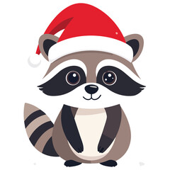 Obraz premium Cute cartoon raccoon icon wearing a red Santa Christmas hat, funny flat design vector illustration, perfect graphic element for winter holiday decorations, adorable animal character artwork