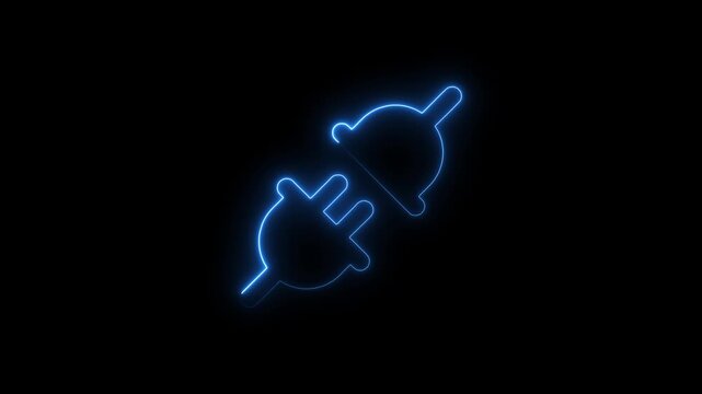 A video showcasing a neon-lit electric plug and socket connection in a dark background