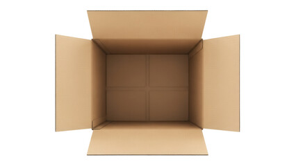 Open cardboard box isolated PNG, top view of empty container with flaps for shipping, moving, storage and packaging on transparent background