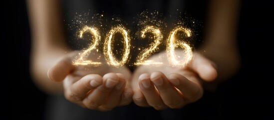 Close-up of a woman's hands in a party dress holding the golden numbers 2026 against a dark background
