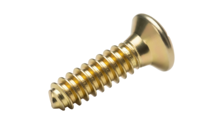 Gold pan head screw isolated PNG on transparent background, metal fastener for construction and repair projects, shiny and durable
